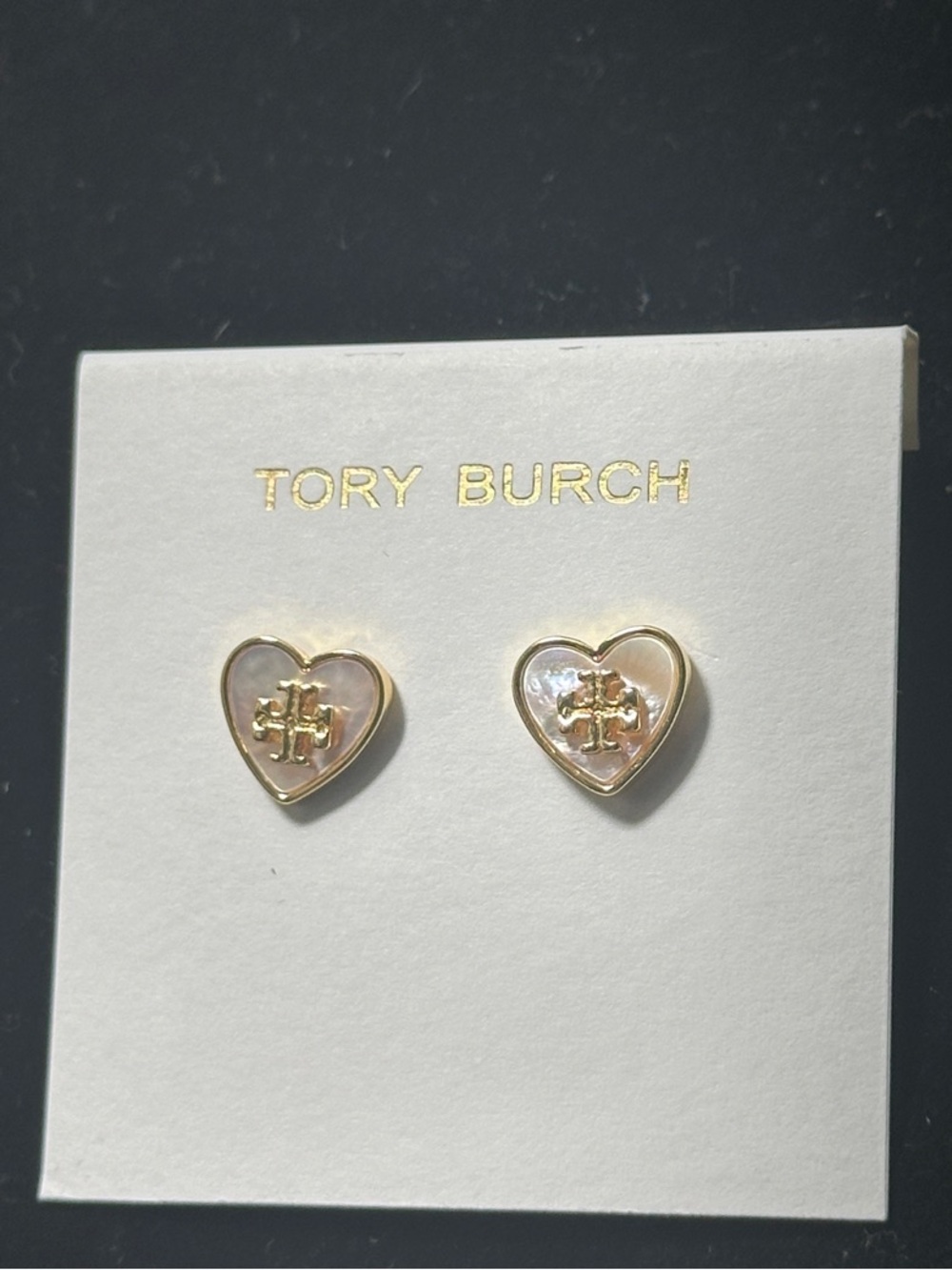 Tory Burch Gold Mother of Pearl Heart Logo Stud Earrings